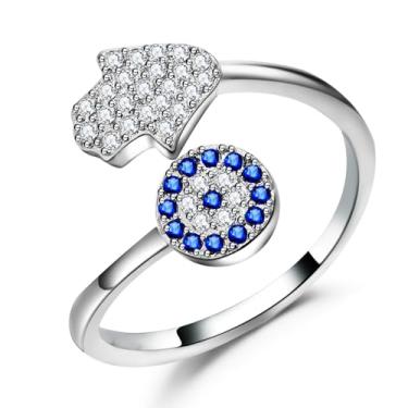 Imagem de YILUOCD Anel de mão de Fátima para mulheres com olho turco zircão pedra preciosa azul CZ anéis ajustáveis Hamsa mão dedo anel amuleto joia, Metal Pedras preciosas, Configuração de 4 pinos