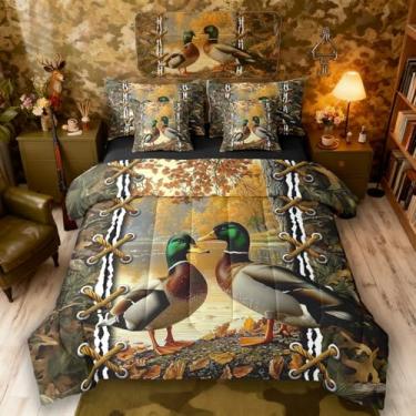 Imagem de Jogo de edredom rústico de casal e edredom | Jogo de cama masculino com estampa de pato selvagem, campo, campo, campo, campo, decoração de quarto de animais