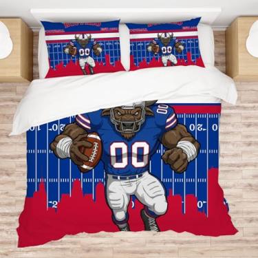 Imagem de Allenjoy Conjunto de edredom Buffalo American Football Blue Passion com 2 fronhas para homens, fãs de adolescentes, irmão, filho, quarto de bebê, lavável na máquina, tamanho casal