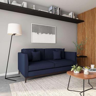 Imagem de sofá 3 lugares benjamim base de madeira linho cotton azul marinho.