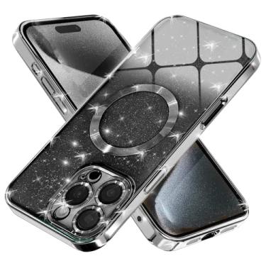 Imagem de MGQILING Capa com glitter magnético compatível com iPhone 16 Pro Max, capa de telefone transparente fofa com revestimento luxuoso, compatível com MagSafe para mulheres e meninas com capa traseira