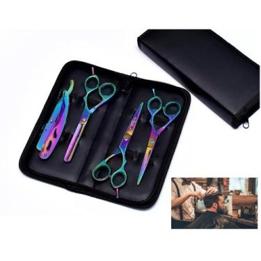 Imagem de Kit 3 Tesouras Profissionais + Navalha + Estojo P/ Barbeiro PROFISSION