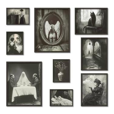 Imagem de Putuo Decor Arte de parede gótica vintage, decoração estética escura de 9 peças - impressões em tela de terror vitoriano, casa assombrada, figuras fantasmagóricas, gato preto e asas de anjo para
