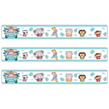 Imagem de Kit 3 Faixas Decorativas Papel Parede Infantil Animais Carro Titulo Azul