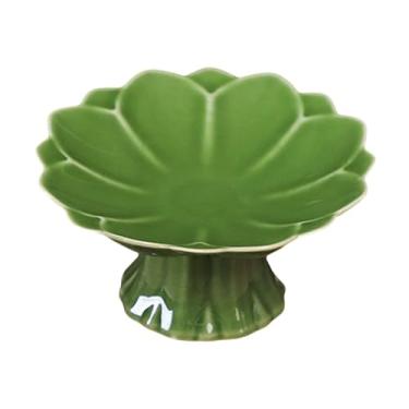 Imagem de Fenteer Prato de cerâmica com base em formato de lótus, centro de mesa pequeno, fruteira, sobremesa, suporte para exposição, cozinha, sala de estar, Verde