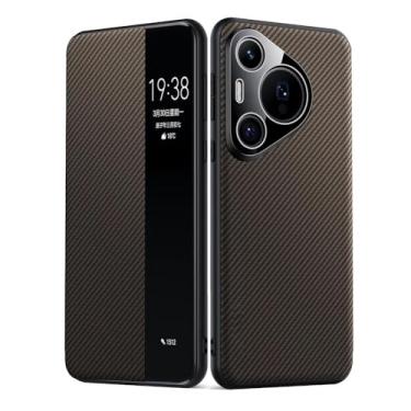 Imagem de LTLMYDAM Capa de couro para Huawei Pura 80 Ultra/80 Pro/80 Pro+/80, Flip Clear View Small Window Business Slim Cover Capa de textura de fibra de carbono, latão, 80 Pro+
