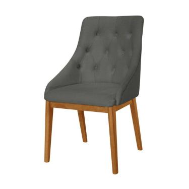 Imagem de Cadeira De Jantar Luxo Estofada Elisa Anatômica Linho Cinza Escuro Capitonê Base Madeira Maciça 