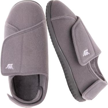 Imagem de Pantufa masculina 80-D de espuma viscoelástica com fechos ajustáveis, largura extra grande confortável de lã de pelúcia artrite de edema encolhida Diabetic House Shoes Lavável na máquina com sola antiderrapante, Cinza, 14