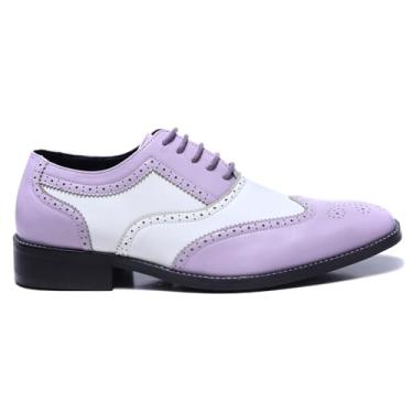 Imagem de Metrocharm Sapato social masculino Oxford em dois tons, couro sintético, estilo brogue, design com cadarço para uso formal, MC118, Branco lavanda, 46