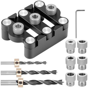 Imagem de KHZSPP Conjunto de gabarito de cavilhagem autocentralizada, guia de perfuração para furos retos com 6 buchas e 3 brocas, gabarito preciso para trabalhar madeira (preto)