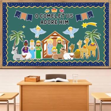 Imagem de Aposwow Decorações de quadro de avisos de Natal - Presépio religioso conjunto de decorações de sala de aula de Natal Jesus Cristão recortes de papel quadro de avisos decoração escolar lousa escritório