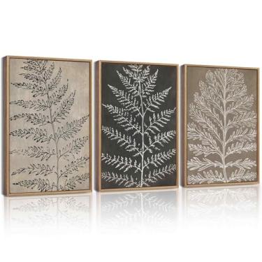 Imagem de KUVIOKE Arte de parede emoldurada botânica vintage boêmio preto caramelo folha decoração de parede natureza samambaia planta silhueta pintura de parede para sala de estar quarto 30,5 x 40,6 cm