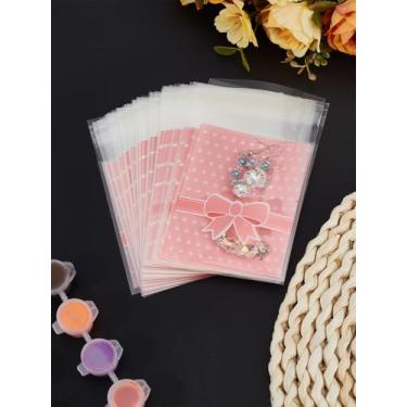Imagem de 100 peças retangulares OPP celofane sacos autovedantes, padrão de laço autovedante, bolsa de embalagem rosa resselável para festa de casamento, biscoitos doces, sabonete, 12,5 x 7,9 cm