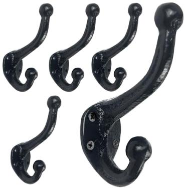 Imagem de Salome Idea Pacote com 5 ganchos rústicos de ferro fundido, gancho duplo resistente montado na parede, decoração vintage de fazenda para mudroom, entrada, banheiro (preto antigo, inclui ferragens)