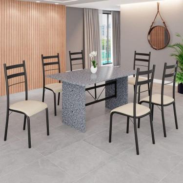 Imagem de Conjunto Sala de Jantar Mesa Retangular 140x75cm Tampo Granito Ocre 6 Cadeiras Marselha Creme / Preto Fosco