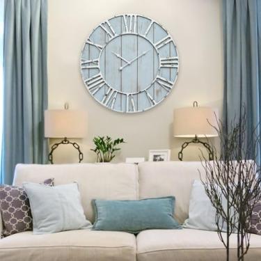 Imagem de EMAX HOME Relógio de parede grande para casa de fazenda 61 cm vintage azul relógio de parede de madeira com tique-taque silencioso e algarismos romanos minimalistas para quarto, sala de estar,
