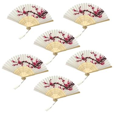 Imagem de THY COLLECTIBLES Pacote com 6 ventiladores dobráveis de papel e bambu para festa de casamento, igreja, festivais, casa - flores de cerejeira