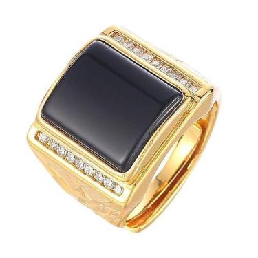 Imagem de Anel Grande Masculino Pedra Preta Banhado A Ouro Ajustável - Pjk Store