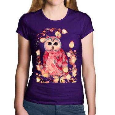 Imagem de Baby Look Algodão Coruja e Folhas - Foca na Moda, Roxo, GGG