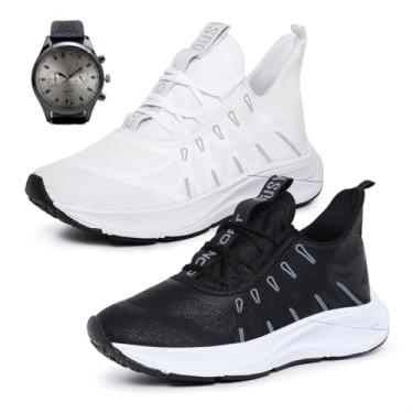 Imagem de Kit 2 Tênis Casual Esportivo Masculino Para Caminhada Super Macio e Confortável com Relógio Combo (Branco+Preto, BR, Adulto, Numérico, 37)
