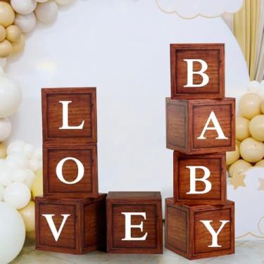 Imagem de Dunzoom 8 Pcs Wood Grain Print Baby Balloon Boxes, Brown Blocks with 99 Letters and 20 Numbers for Woodland Baby Shower Rustic Wedding Birthday Party Decorations Supplies