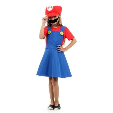 Imagem de Fantasia Super Mario Feminina Infantil Luxo Com Chapéu E Bigode Tamanho P