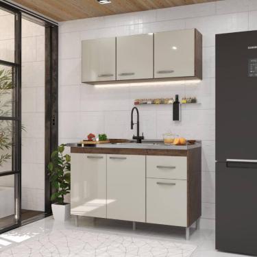 Imagem de Cozinha Modulada Compacta Fidelitá Suiça 2 Peças 6 Portas 1 Gaveta Sem Tampo Noce/Off-White