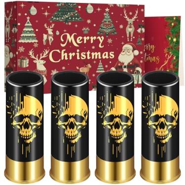 Imagem de LKKCHER NOVELTY Conjunto De 4 Copos Shot Plástico Com Caveira E Caixa Presente, Pequenos Calibre 12, Uísque, Vodka Licor Natal, Presentes Halloween Góticos Para Homens Mulheres, Preto