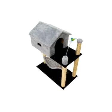 Imagem de Arranhador para Gatos com Casinha e Rede, 84 cm Altura x 61 cm Comprimento, Base Dupla, 4 Postes com Sisal (Cinza)