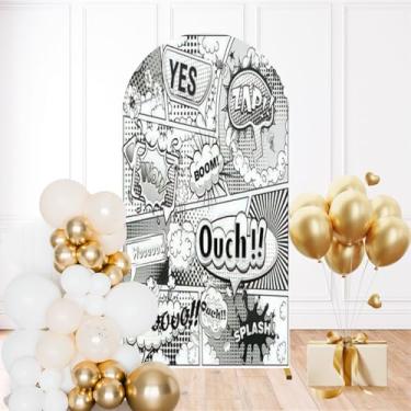 Imagem de Capa de fundo de arco de casamento de 1,8 m em preto e branco, página de quadrinhos dividida por linhas, bolhas de discurso, elastano para decoração de festa de aniversário, cerimônia, banquete