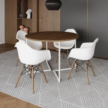 Imagem de Mesa Jantar Industrial Amêndoa 110Cm Redonda Base V Ferro Branco C/4 P
