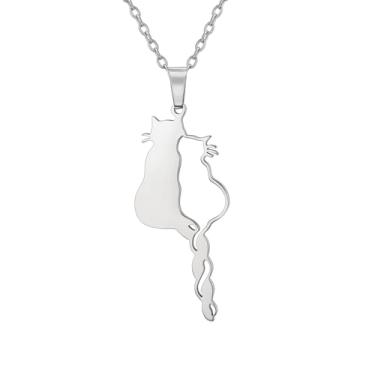 Imagem de PDOUSELF Colar com pingente de gato engraçado para mulheres, de aço inoxidável, joia fofa, presente para amantes de gatos, 20, Aço inoxidável, Sem Pedra Preciosa