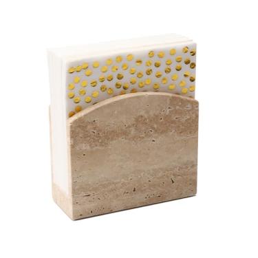 Imagem de Shonmogar Porta-guardanapos de pedra travertino, porta-guardanapos de pé para guardanapos de 16,5 x 16,5 cm, porta-guardanapos de pedra para mesa, cozinha, balcão, sala de jantar, festa, bar