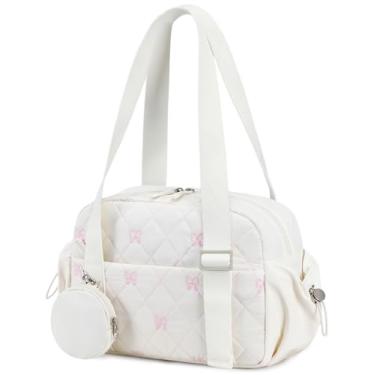 Imagem de CAMTOP Mini bolsa de ginástica para mulheres, bolsa de ginástica pequena, bolsa esportiva acolchoada com compartimento molhado e bolsa de moedas, bolsa esportiva de dança, ioga e exercícios, Laço rosa