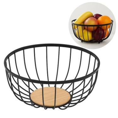 Imagem de Fruteira de Mesa De Metal e Madeira Cesta Cesto Multiuso - MM, Redondo
