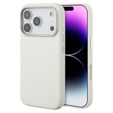 Imagem de InUnion Capa de couro compatível com iPhone 17 Pro Max – Capa de couro real de grão lichia premium com MagSafe, capa protetora fina com forro de microfibra macia, à prova de choque, branco de 17,5 cm