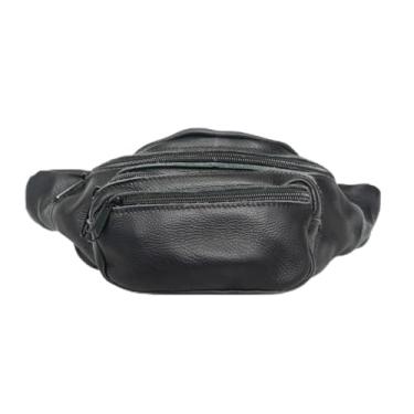 Imagem de Pochete de Cintura em Couro, Preto Liso, Couro Legítimo, Design Clássico, 4 Compartimentos, Alça Ajustável