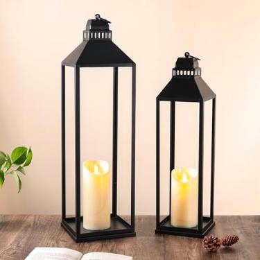 Imagem de MATAHUM Lanternas grandes decorativas de 58,4 cm 48,3 cm para ambientes internos e externos, conjunto de 2 lanternas pretas modernas de fazenda com velas, Halloween, lanternas de Natal para lareira