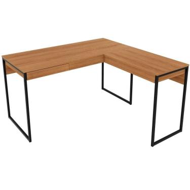 Imagem de Mesa De Canto Para Escritório Em L Angular Com 1 Gaveta Amêndoa/preto