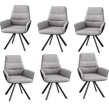 Imagem de HGTRH Cadeiras de jantar giratórias, cadeira de cozinha estofada com encosto e apoio de braço algodão linho couro pana pernas de aço carbono capacidade de peso 299 kg cinza claro 6 peças