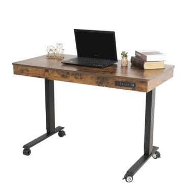 Imagem de HGTRH Estação de trabalho de computador sobre rodas, mesa de trabalho ajustável para ficar em pé, mesa de trabalho elétrica ajustável em casa, mesa de computador com gavetas e função de memória