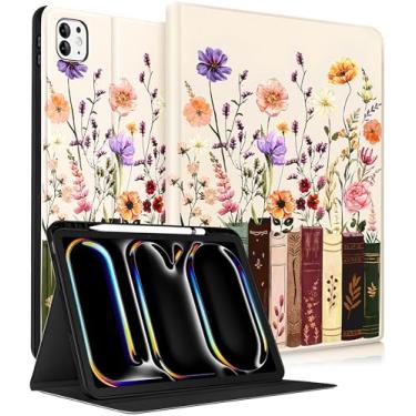 Imagem de Wazzasoft for iPad Pro 13 Inch Case M5 2025/M4 2024 - Women Girls Cute Smart Folio Cover (Auto Wake/Sleep) with Build-in Pencil Holder for Apple Tablet Soft TPU Protective Cover,Painting Flowers