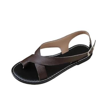 Imagem de Sandália feminina com fivela de bico redondo e rasteira, calçado casual de verão para mulheres, design confortável para atividades ao ar livre, Café, 34
