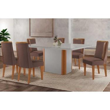Imagem de Mesa Cozinha Pietá c/ Tampo Madeirado c/ Vidro Canto Curvo 180x90cm e 6 Cadeiras Tilia Madeira Maciça Naturale/Off White - Capuccino/Suede Marrom-Rufa