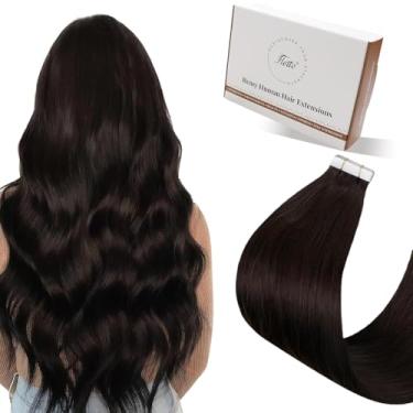Imagem de Hetto Extensões de cabelo humano com fita adesiva em extensões de cabelo humano castanho escuro fita invisível em extensões de cabelo humano liso sedoso 35,5 cm 20 peças 40 g