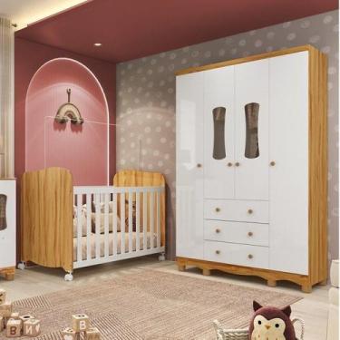 Imagem de Quarto de Bebê Guarda-Roupa 4 Portas Janeladas e Berço Lana Espresso M
