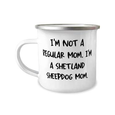 Imagem de Presente de cachorro pastor Sarcasm Shetland, I'm Not a Regular Mom I'm a Shetland Sheepdog Mom, reutilizável Holiday 340 g Caneca de acampamento presente para amantes de animais de estimação
