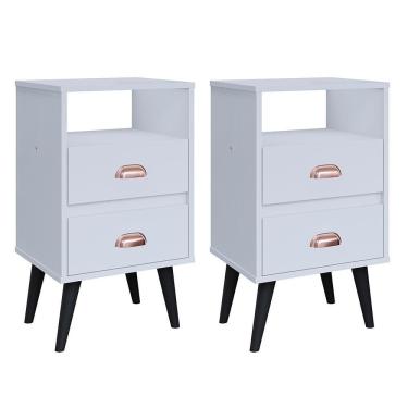 Imagem de Kit 2 Mesas Cabeceira Retrô Mesinhas Gavetas Organizadoras Puxador Concha e Nicho Decorativo Canto Cama Quarto Casal Classic New - RPM