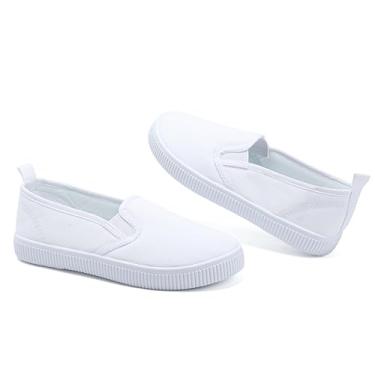Imagem de Tênis de lona infantil branco sem cadarço leve confortável casual tênis de corrida adequado para a pele para meninos e meninas, Sem cadarço, branco, 10 Toddler