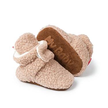 Imagem de Miamooi Botas de algodão para bebês meninas meninos recém-nascidos inverno quente lã chinelos aconchegantes crianças antiderrapantes botas de tornozelo primeiro andador berço casa meias sapatos 3-18 meses, E01/cáqui, 3-6 Meses